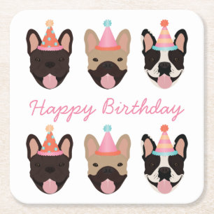 Happy Birthday French Bulldog Party Hats Pink Rechteckiger Pappuntersetzer