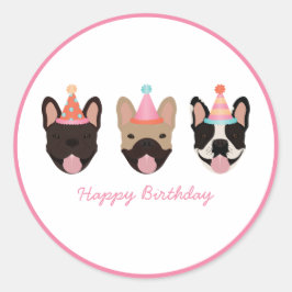 Happy Birthday French Bulldog Party Hats Pink Runder Aufkleber