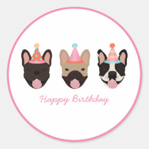 Happy Birthday French Bulldog Party Hats Pink Runder Aufkleber