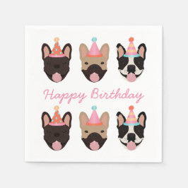 Happy Birthday French Bulldog Party Hats Pink Serviette
