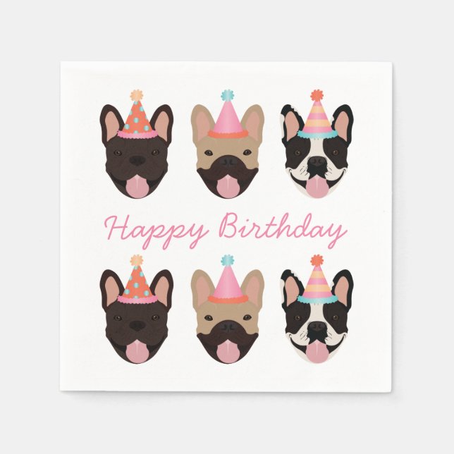 Happy Birthday French Bulldog Party Hats Pink Serviette (Vorderseite)