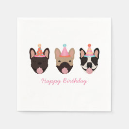 Happy Birthday French Bulldog Party Hats Pink Serviette