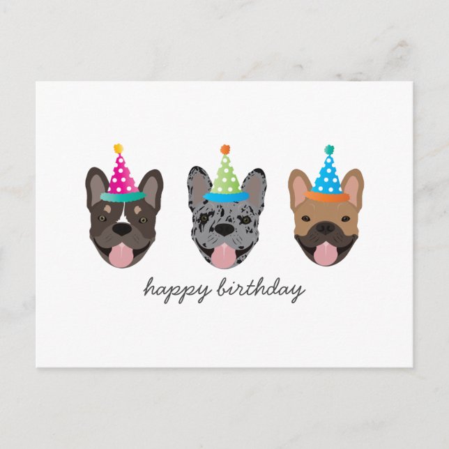Happy Birthday French Bulldog Party Hats Postkarte (Vorderseite)