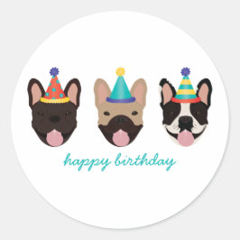 Happy Birthday French Bulldog Party Hats Runder Aufkleber