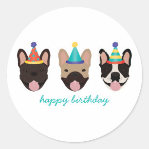 Happy Birthday French Bulldog Party Hats Runder Aufkleber