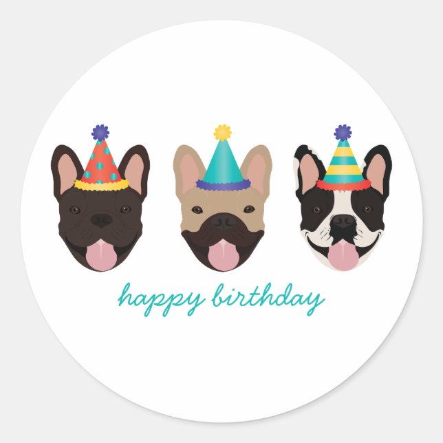 Happy Birthday French Bulldog Party Hats Runder Aufkleber (Vorderseite)
