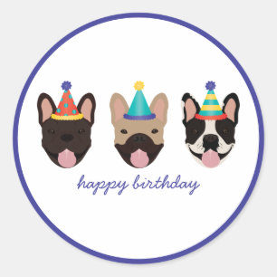 Happy Birthday French Bulldog Party Hats Runder Aufkleber