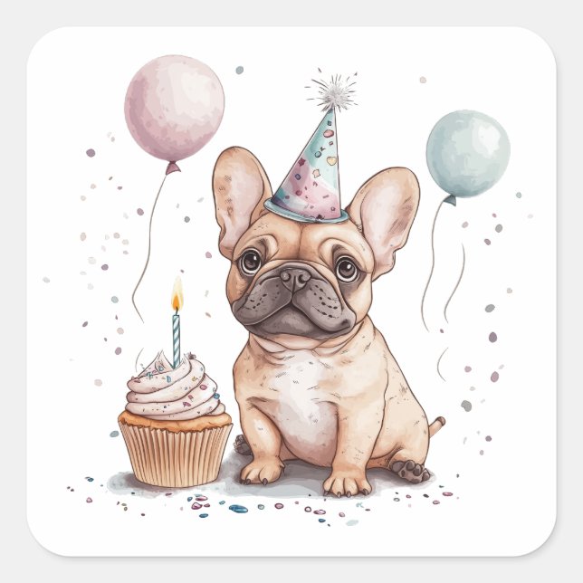 Happy Birthday French Bulldog Quadratischer Aufkleber (Vorderseite)