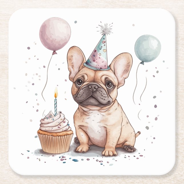 Happy Birthday French Bulldog Rechteckiger Pappuntersetzer (Vorderseite)