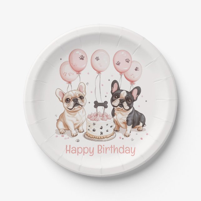 Happy Birthday French Bulldogs Birthday Cake Pink Pappteller (Vorderseite)