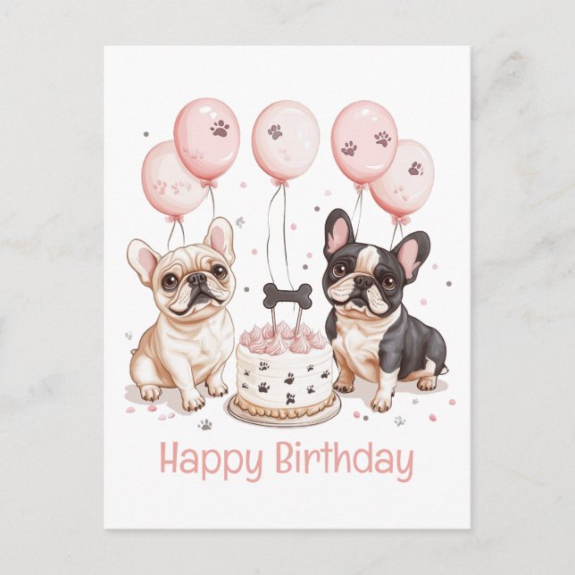 Happy Birthday French Bulldogs Birthday Cake Pink Postkarte (Vorderseite)