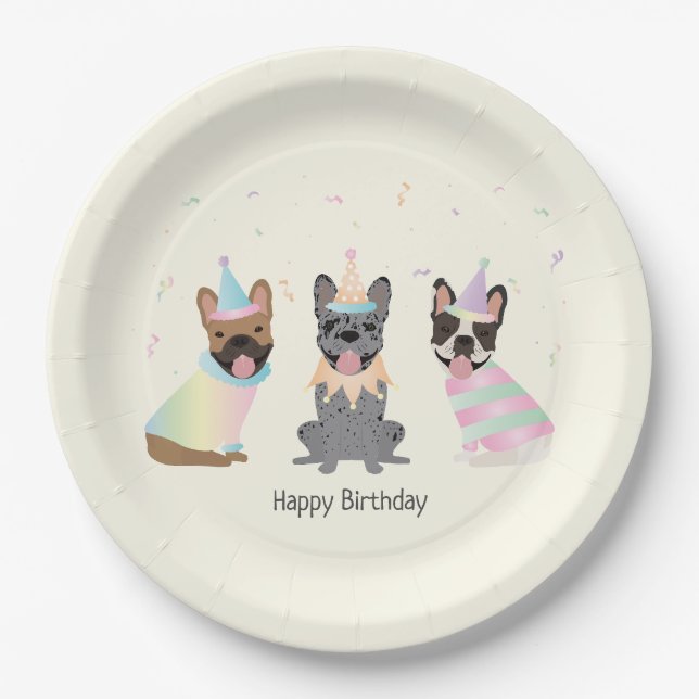 Happy Birthday French Bulldogs Pappteller (Vorderseite)
