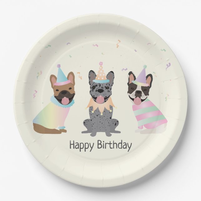 Happy Birthday French Bulldogs Pappteller (Vorderseite)