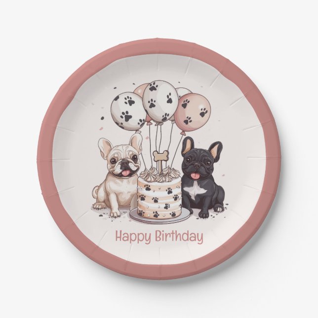 Happy Birthday French Bulldogs Party Hats Pappteller (Vorderseite)