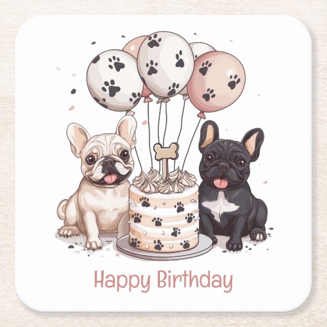Happy Birthday French Bulldogs Party Hats Rechteckiger Pappuntersetzer (Vorderseite)