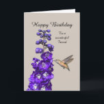 Happy Birthday Friend Karte<br><div class="desc">"Hummingbird Happy Birthday Friend" von Catherine Sherman.
Ein Kolibris-Nektar aus einem lila Delphinium schafft einen schönen Geburtstag.</div>