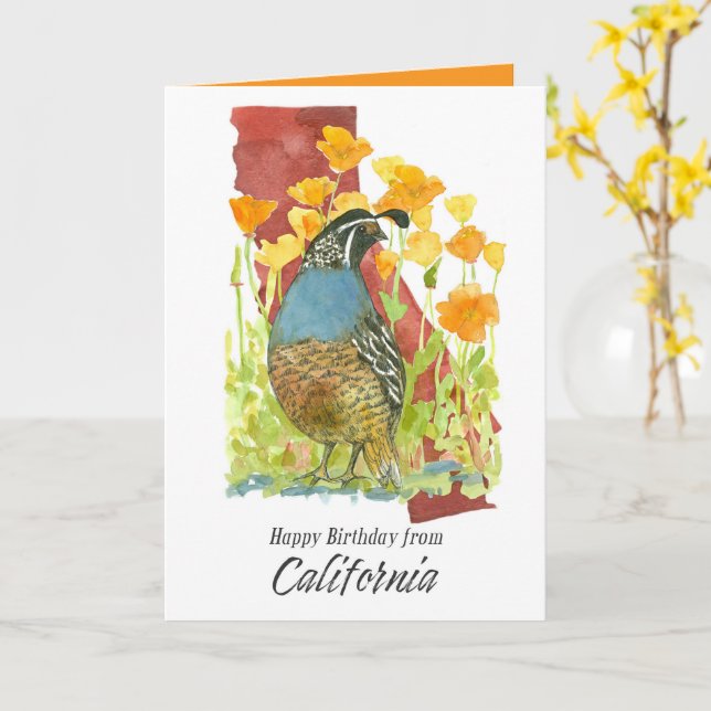 Happy Birthday from California Quail Poppy Flowers Karte (Gelbe Blume)