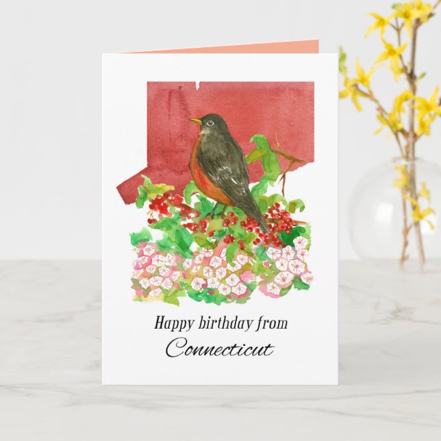 Happy Birthday From Connecticut State Watercolor Karte (Gelbe Blume)