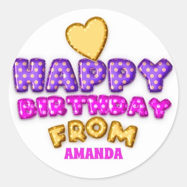 Happy Birthday From Name Balloon Pink White Heart Runder Aufkleber (Vorderseite)