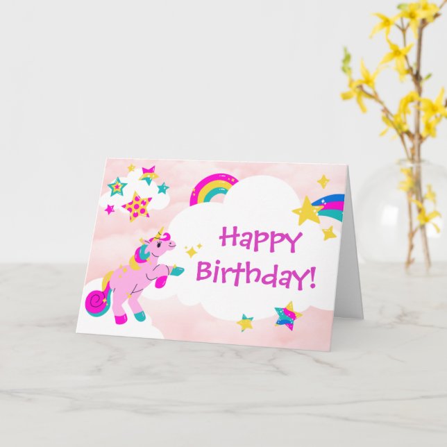 Happy Birthday Fun Einhorn und Regenbogen Rosa Des Karte (Gelbe Blume)