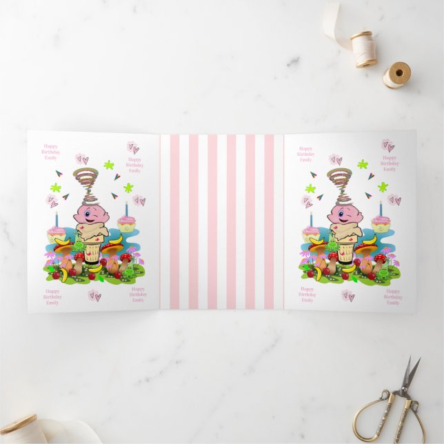 Happy Birthday FUN Pink Cakecupake Tri-Fold Card Dreifach Gefaltete Karte (Innenseite)