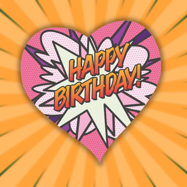 HAPPY BIRTHDAY Fun Retro Comic Book Pink Herz-Aufkleber (HAPPY BIRTHDAY Fun Retro Comic Book Pink Heart Sticker)