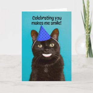 Happy Birthday Funny Cat mit menschlichem Lächeln Feiertagskarte