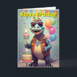 Happy Birthday | Funny Dinosaur Karte<br><div class="desc">Funny Dinosaurier feiert Geburtstag mit Kuchen und Kerzen etc. Fügen Sie Ihren eigenen Text hinzu,  ändern Sie Schriftart- und Schriftart-Farbe usw. Bleib drinnen für deine persönliche Nachricht.</div>