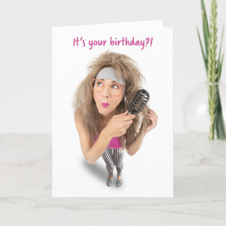 Happy Birthday Funny Woman Teasing Big Hair Spaß Feiertagskarte