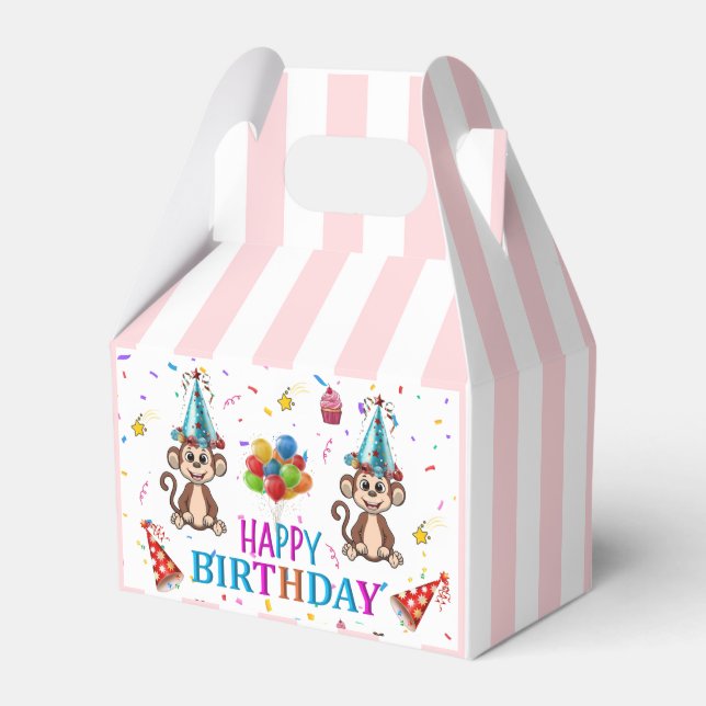 Happy Birthday Gable Favor Box Pink Stripe Monkeys Geschenkschachtel (Vorderseite)