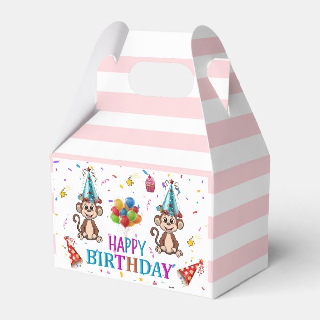 Happy Birthday Gable Favor Box Pink Stripe Monkeys Geschenkschachtel (Vorderseite)