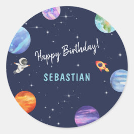 Happy Birthday Galaxy Rocket Ship Wasserfarbe Runder Aufkleber