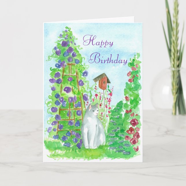Happy Birthday Garden Cat Watercolor Blume Kunst,  Karte (Vorderseite)