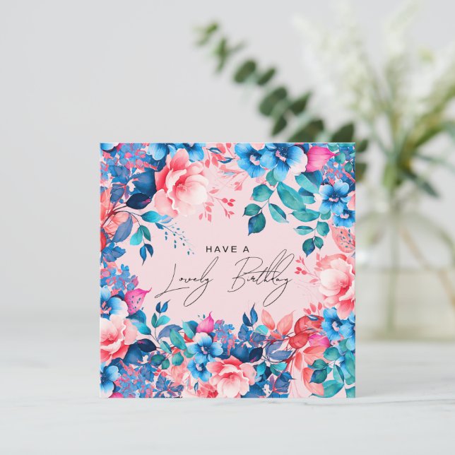 Happy Birthday Garden Floral Blue Pink Blush Karte (Stehend Vorderseite)