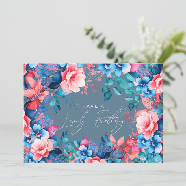 Happy Birthday Garden Floral Dusty Blue Blush Karte (Stehend Vorderseite)