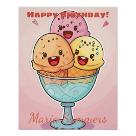Happy Birthday Gelato Ice-Creme Kawaii Cartoon 2 Poster