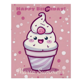 Happy Birthday Gelato Ice-Creme Kawaii Cartoon Poster