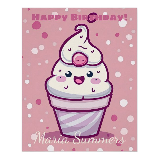 Happy Birthday Gelato Ice-Creme Kawaii Cartoon Poster (Vorderseite)