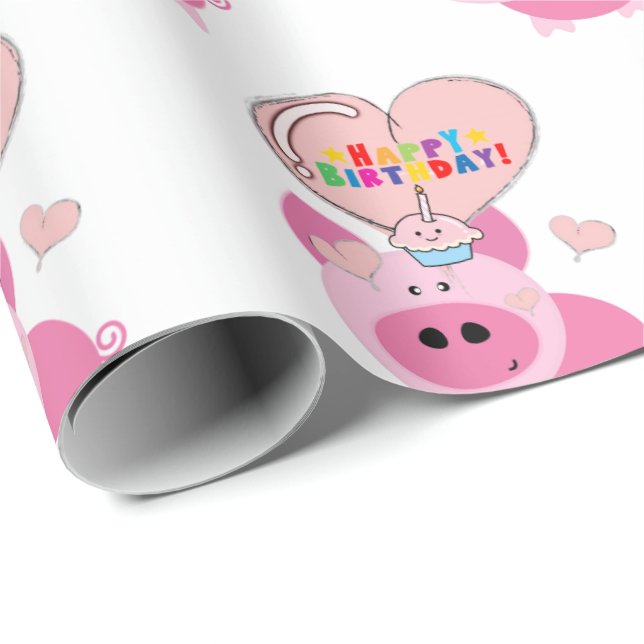 Happy Birthday Geschenk Wrapping Papier Pink Pig Geschenkpapier (Rolleneckpunkt)