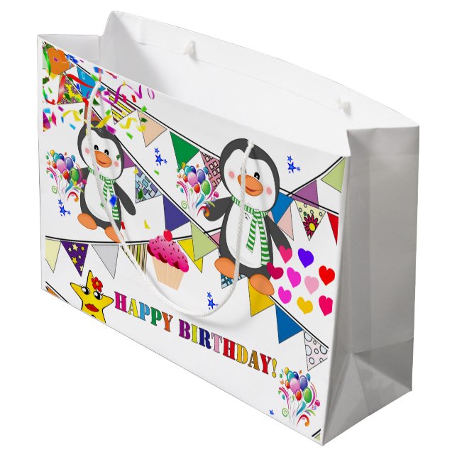 Happy Birthday Geschenktasche Penguin Große Geschenktüte (Rückseite Schrägansicht)