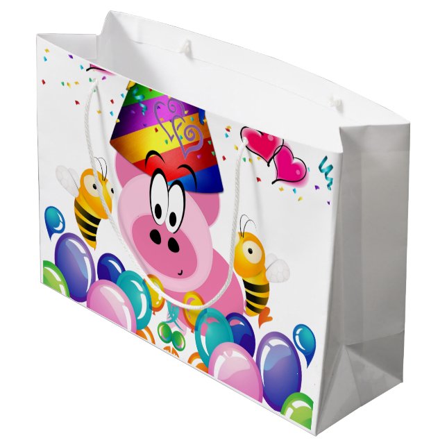 Happy Birthday Geschenktasche Pink Pig Bumblebee Große Geschenktüte (Rückseite Schrägansicht)