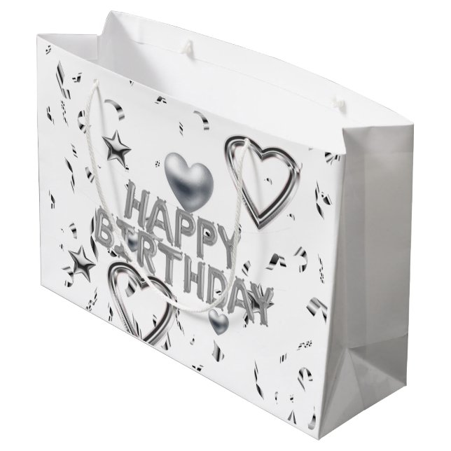 Happy Birthday Geschenktasche Silberherz Große Geschenktüte (Rückseite Schrägansicht)