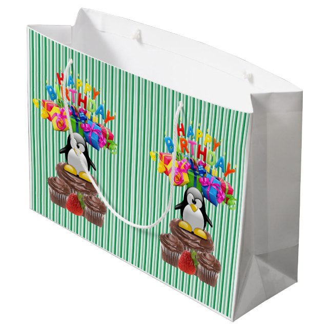 Happy Birthday Gift Bag Stripe Penguin Große Geschenktüte (Rückseite Schrägansicht)