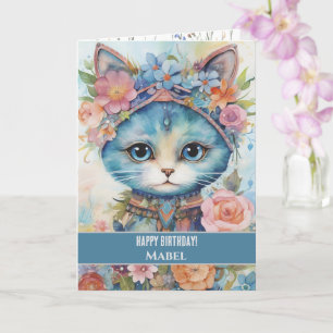Happy Birthday Girl Blue Cat Wide Eyes Floral Karte