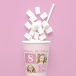 Happy Birthday Girl Cute Custom Photo Pink Party Pappbecher<br><div class="desc">Cool 2 photo personalized happy birthday paper party cup for a little girl or toddler. Celebrate your child's birthday with cute photographs of them on this add your own photograph design with adorable pretty pink squares. Add their name and age.</div>