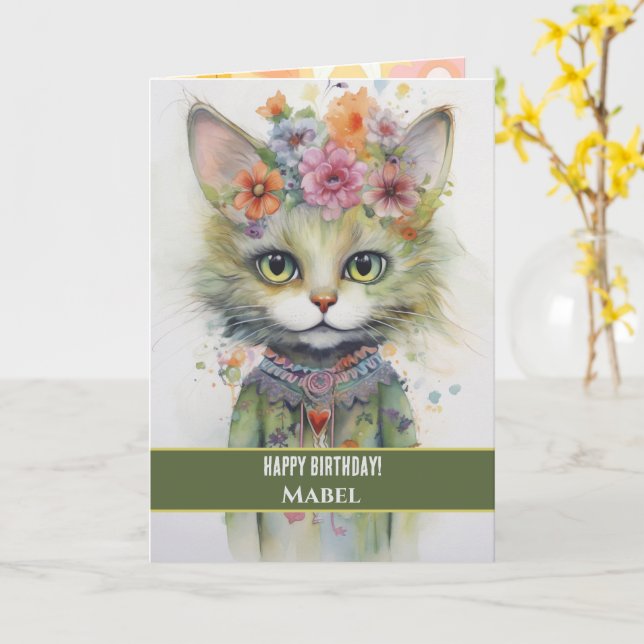 Happy Birthday Girl Green Cat Wide Eyes Floral Karte (Gelbe Blume)