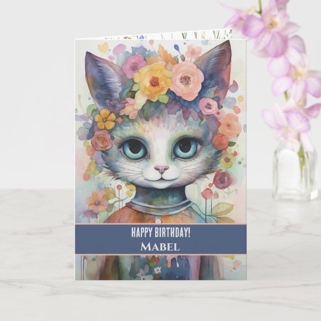Happy Birthday Girl Lila Cat Wide Eyes Floral Karte (Orchidee)