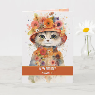 Happy Birthday Girl Orange Cat Wide Eyes Floral Karte