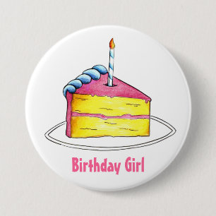 Happy Birthday Girl Pink Layer Cake Slice Candle Button