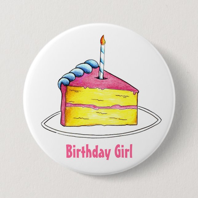 Happy Birthday Girl Pink Layer Cake Slice Candle Button (Vorderseite)